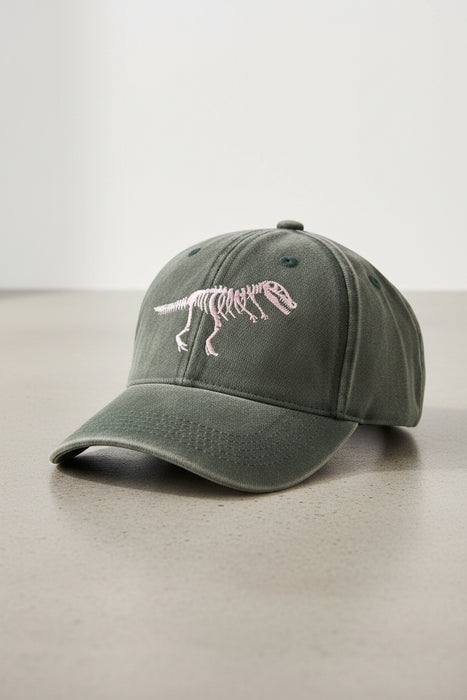 Youth Dinosaur Skeleton Hat Green With White Embroidery