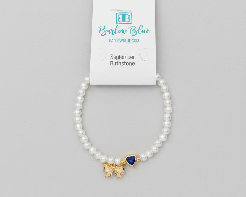 Bow & Pearl Birthstone Bracelets with Heart Birthstones