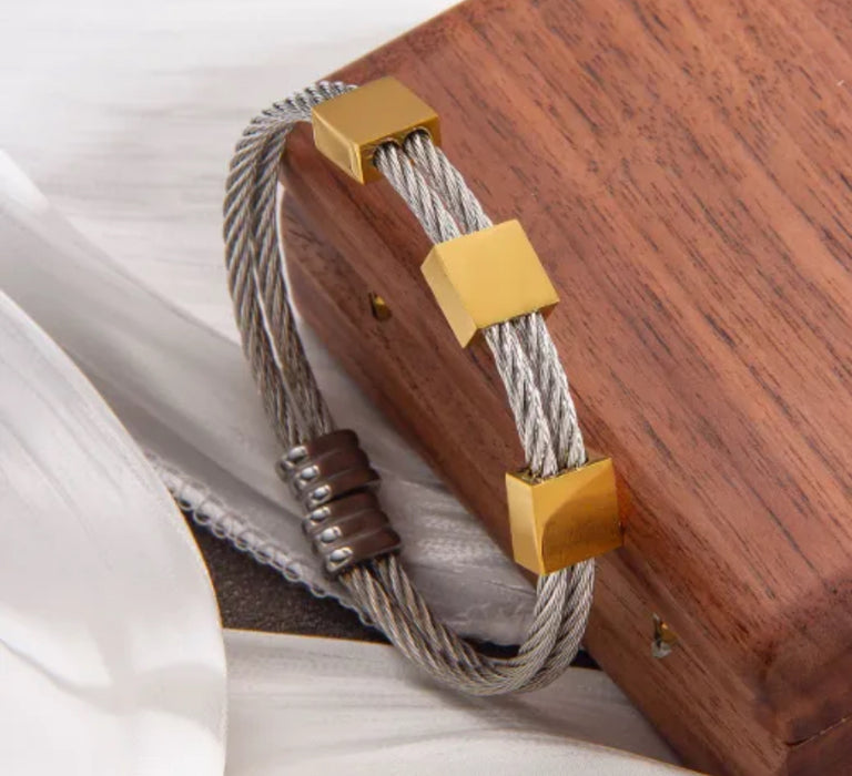 The Astra Bracelet – Stainless Steel Cable Cuff in Gold PVD