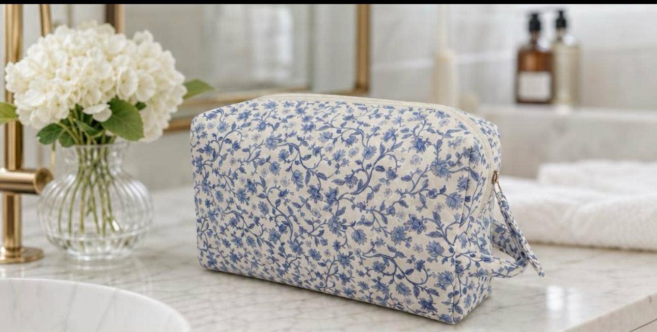 Blue Floral & Vine Quilted Vanity and Travel Bag