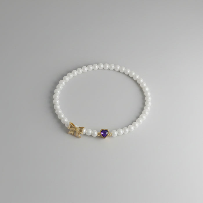 Bow & Pearl Birthstone Bracelets with Heart Birthstones