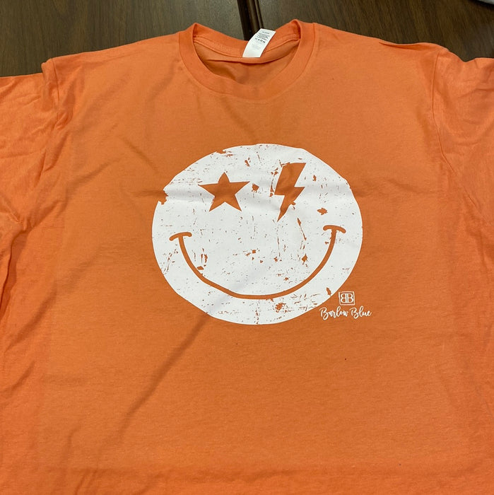 Distressed Smiley Face. $6 CLEARANCE TEES!  $8 For Long Sleeves!  Random Shirt Color Chosen.