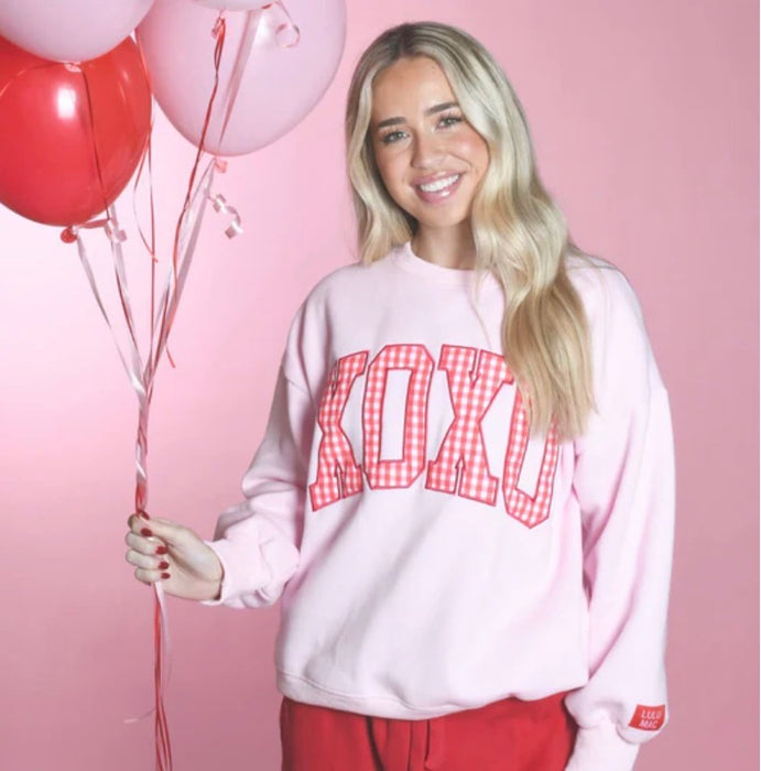 XOXO Lulu Mac Sweatshirt Pink with Red Gingham Embroidered Design **NEW VALENTINE'S DAY DROP PREORDER**
