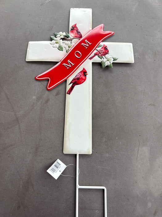 Mom Cross Stake w/Cardinals 24"x12"