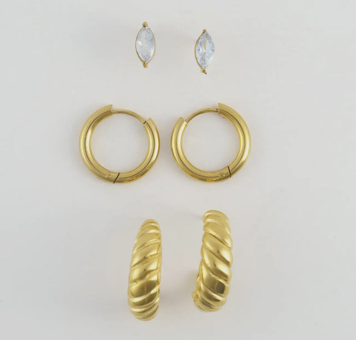 Waterproof Gold Half Moon Trio Hoop Earrings