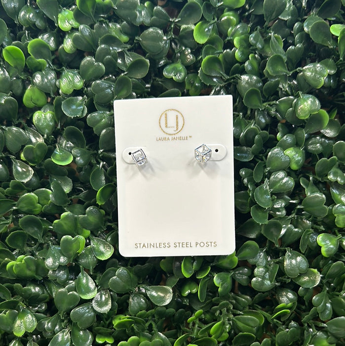 Silver Diamond Square Stud Earrings