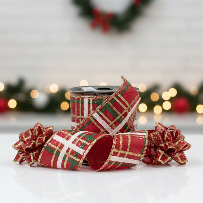Embroidered Red, Gold, Green Plaid Dupion Fused Gold Metallic John Mark Ribbon: 4in wide x 5yd