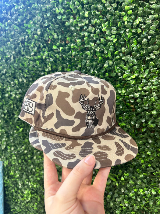 YOUTH Embroidered Deer Head Hat- Classic Camo with Rope