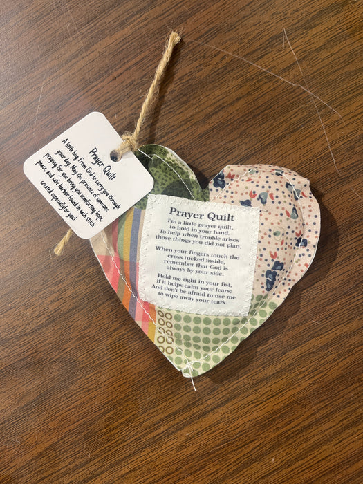 Heart Shape Pocket Prayer Quilt with a Wood Cross Inside.  Different Verses or Quotes Available.
