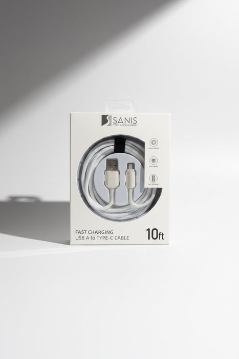 White- 10ft Crystal Cable, USB A to C