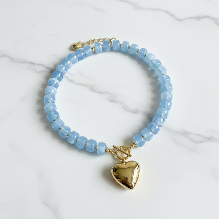 Light Blue & Gold Chunky Beaded Necklace with Gold Heart and Front Clasp