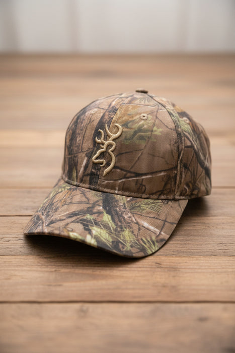 Brown & Green Tree Camo With Deer Head Hat