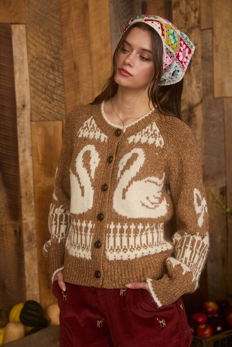 Caramel Swan Jacquard Button Down Long Sleeve Sweater Cardigan
