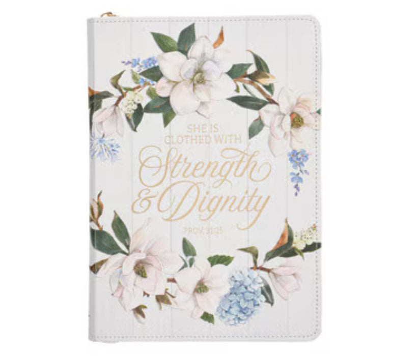 Strength and Dignity Blush Magnolia Faux Leather Journal - Proverbs 31:25