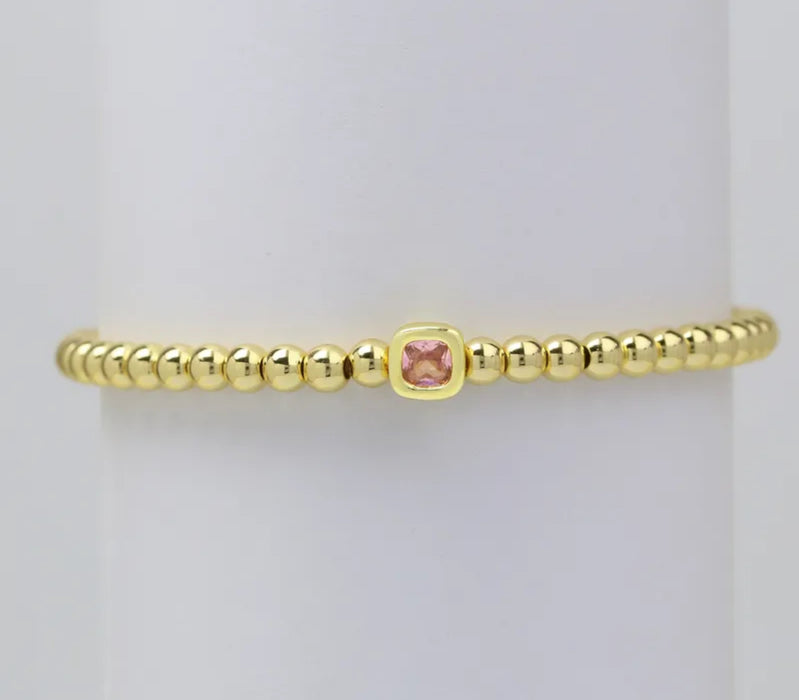 The Confetti - Gold Beaded Bracelet with Square shaped Birthstone Charm