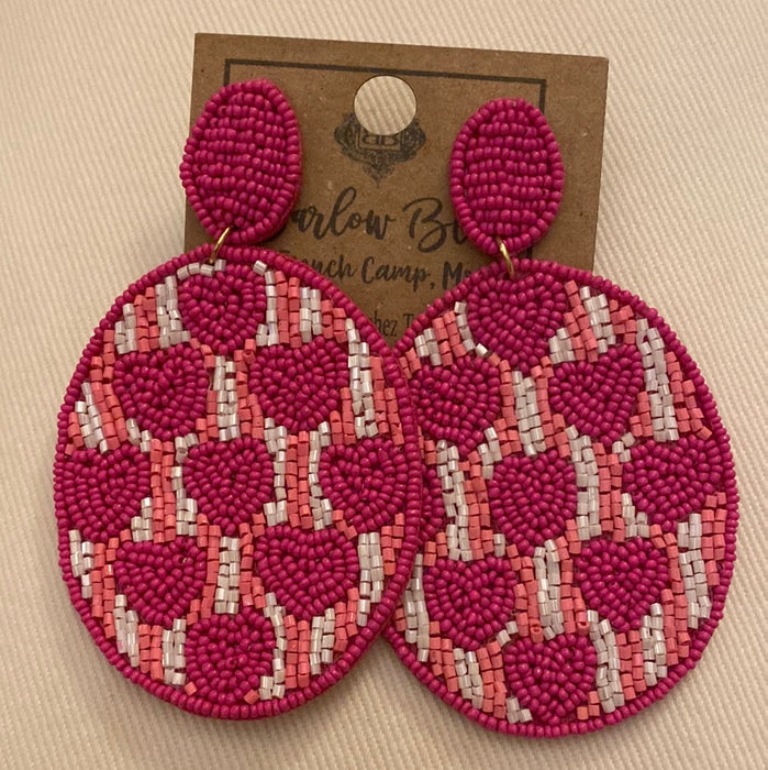 Large Beaded Oval Earrings w/Heart Design