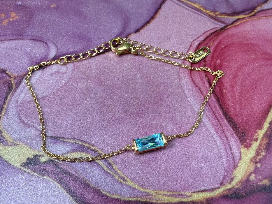 Birthstone Bracelets with Rectangle Birthstone Charm On Gold Chain- Great for Stacking!