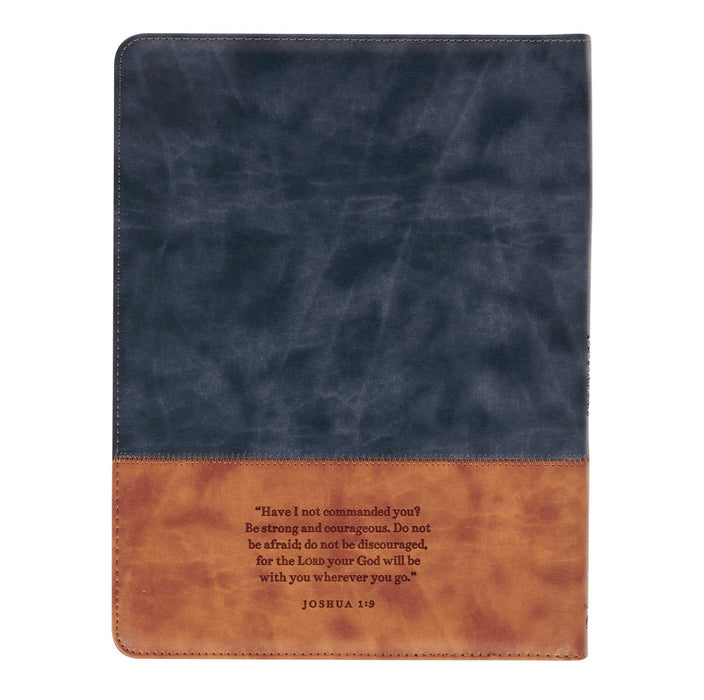 Strong and Courageous Butterscotch and Navy Faux Leather Padfolio - Joshua 1:9