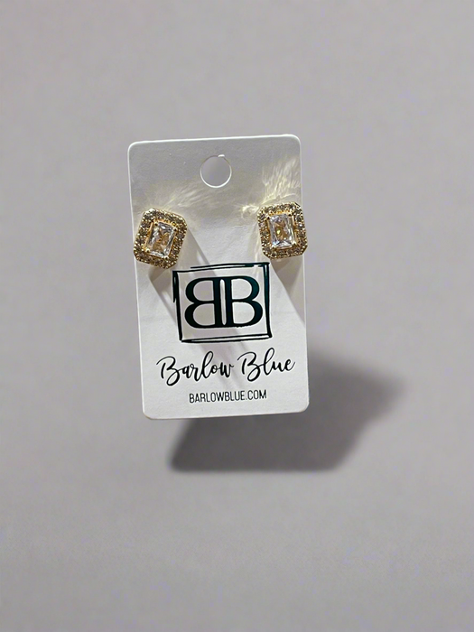 Gold Radiant-Cut Cubic Zirconia Stud Earrings with Halo