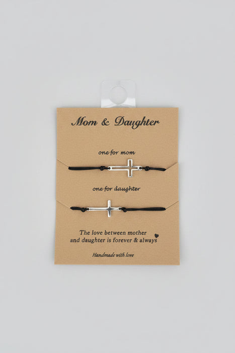 Silver Crosses on Black String Mom & Daughter Bracelets - Set of 2