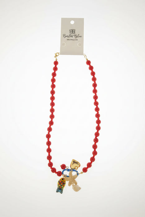 Red Beaded Sardine Necklace with Paperclip, Starfish, & Heart Charms
