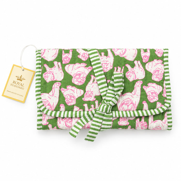 Chelsea Bulldog Quilted Jewelry Roll- Green/Pink/White 9x13
