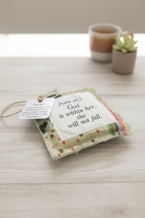 Square Pocket Prayer Quilt with a Wood Cross Inside.  Different Verses or Quotes Available.