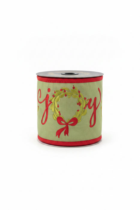 Embroidered Joy Wreath Taffeta Fused John Mark Ribbon: 4in wide x 5yd