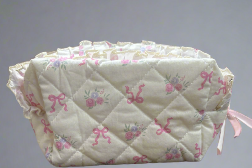 Quilted Floral Makeup Bag with Bow Detail- Travel Cosmetic Orgnaizer