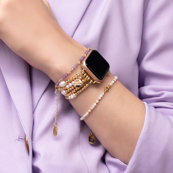 Gold and Pearl Stretch Apple Watch Bracelet Band Strap.  Water Resistant.  Compatible with 38mm - 45mm Watch Face.
