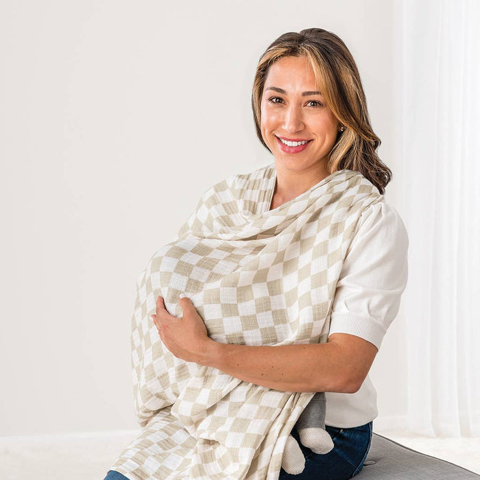 Breastfeeding Boss™: Toast Checkerboard Color.  Swaddle & Breastfeeding Cover in one.