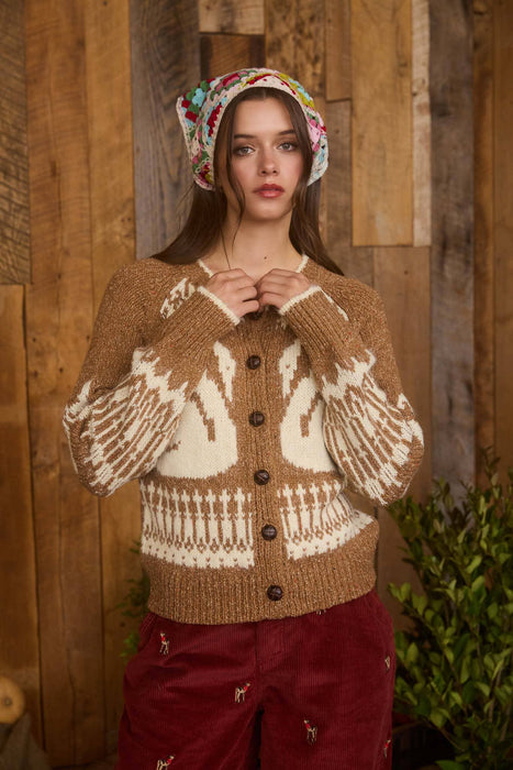 Caramel Swan Jacquard Button Down Long Sleeve Sweater Cardigan