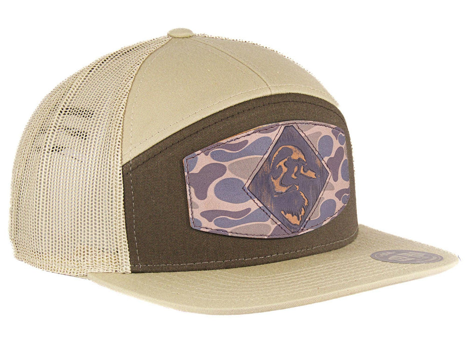 Mallard Old School Camo Brown Leather Patch Hat, 7-Panel Modern Flat Bill Cap.