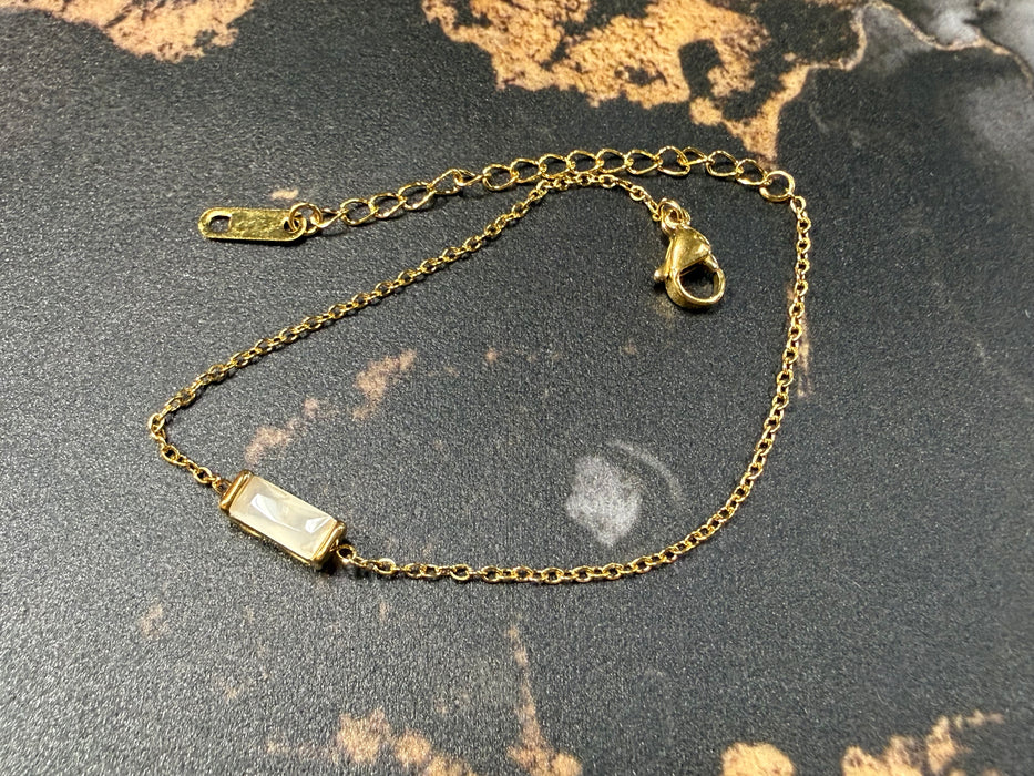 Birthstone Bracelets with Rectangle Birthstone Charm On Gold Chain- Great for Stacking!