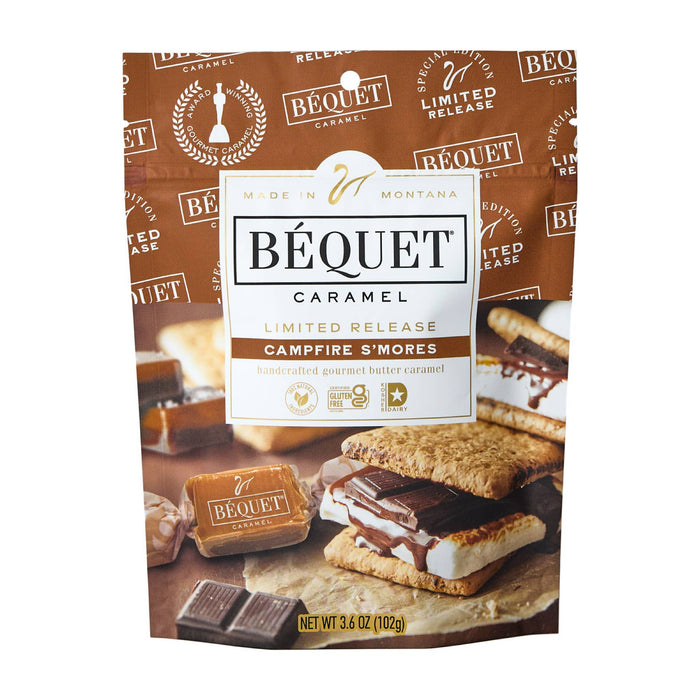 Béquet Gourmet Caramels. 3.6 oz Pouch.  Smore's, Dubai Chocolate or Celtic Sea Salt Caramel