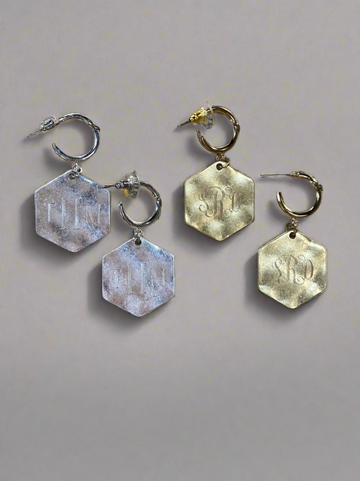 Hexagon Monogram Earrings on Hoops ~Silver or Gold. Simplistic Jewelry.