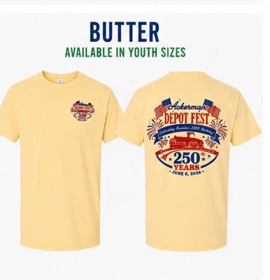 Ackerman, MS Depot Fest 250th Celebration Comfort Colors TEES.  Available in Youth & Adult Sizes.  Proceeds go to Depot Fest.