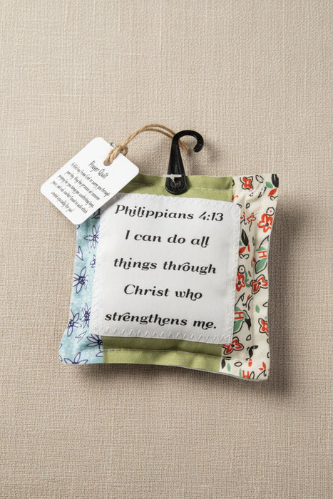 Square Pocket Prayer Quilt with a Wood Cross Inside.  Different Verses or Quotes Available.