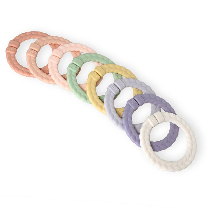 Bitzy Bespoke Itzy Rings™ Linking Ring Set: Muted Rainbow Color.  Use as a teether, toy, or to attach things to a stroller.