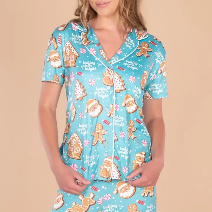 Baking Spirits Bright Pajama Top | Blue Gingerbread PJs