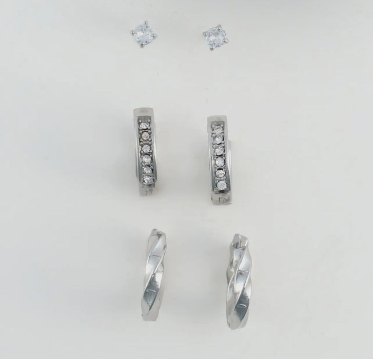 Waterproof Silver Pave Hoop Trio Earrings