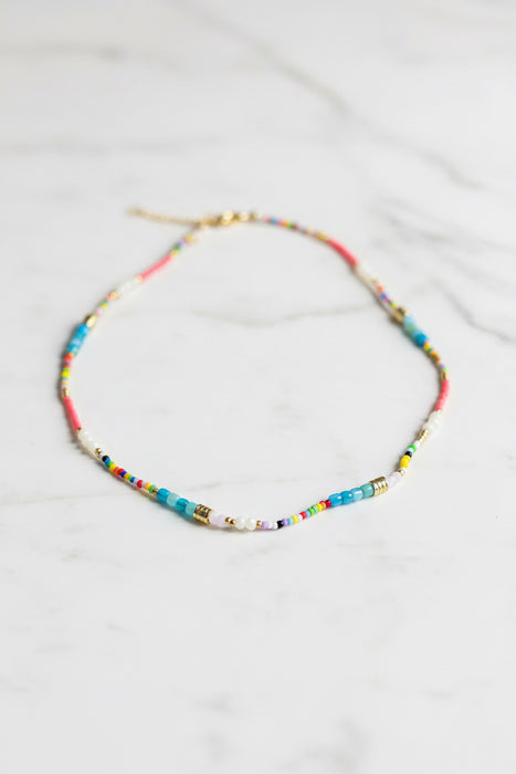 Hot Pink & Teal Thin Beaded Necklace with Small Colorful Beads- Perfect for Layering