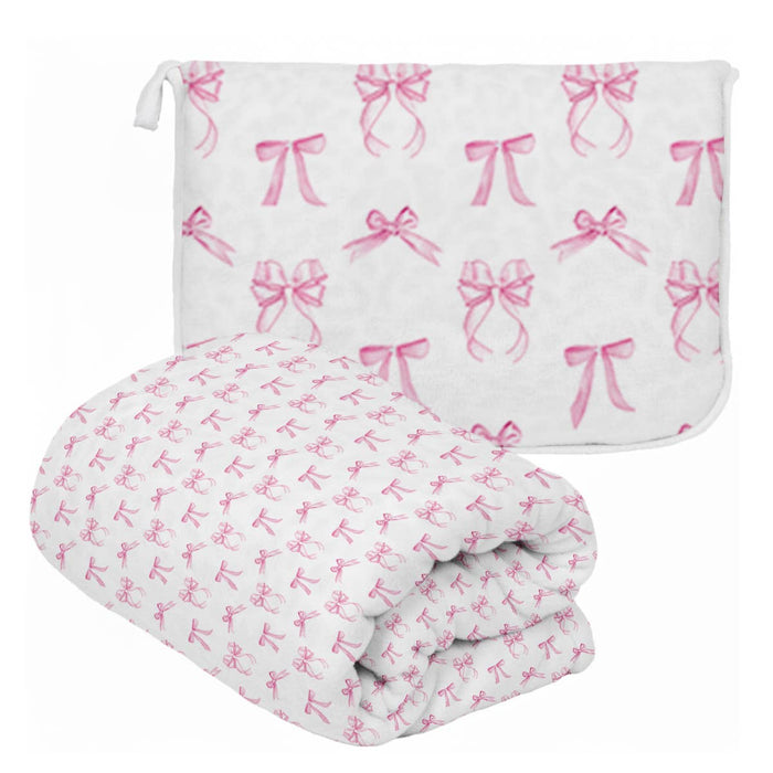"Pink Bows" Plush Travel Blanket with Matching Case