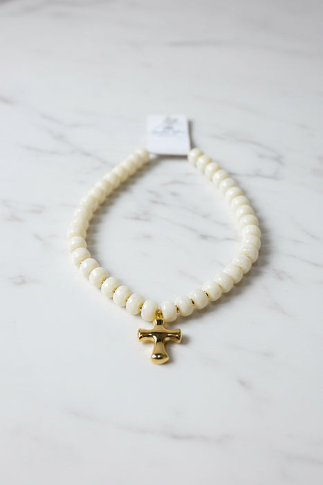 Cream Chunky Beaded Necklace with Gold Accents and Bubble Cross