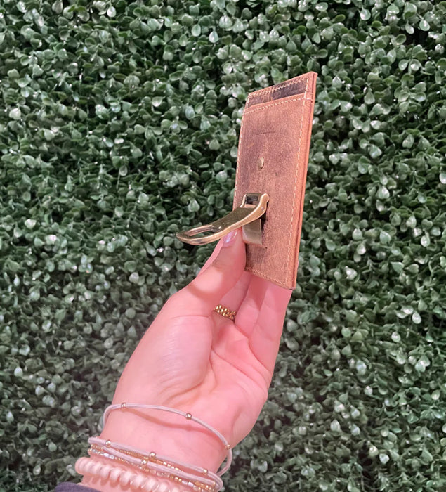 Brown Leather Card Wallet with Gold Bottle Opener Money Clip- Personalization Included!