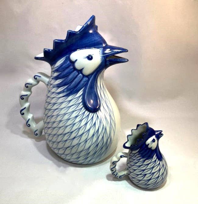 Small Blue & White Rooster Creamer Pitcher Vase