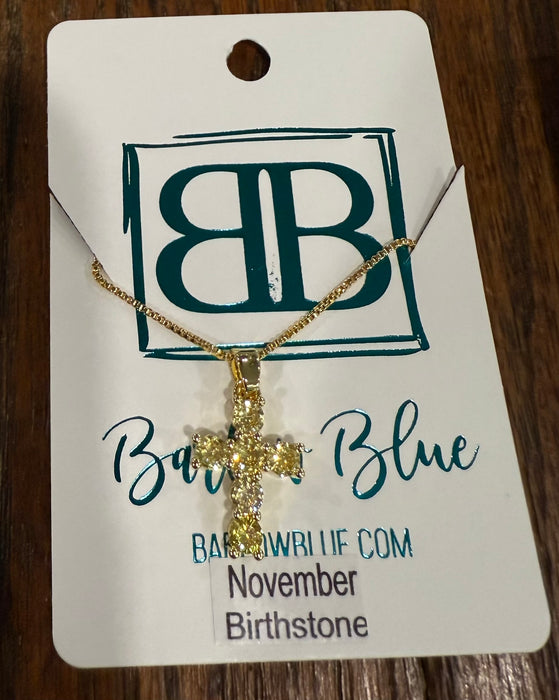 Birthstone CZ Cross Necklace.  Available in Gold or Silver.  Adjustable slide Necklace.