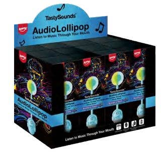 Tasty Sounds Lollipop Blueberry or Strawberry Flavor.  It plays music when you are eating it that only that person can hear.