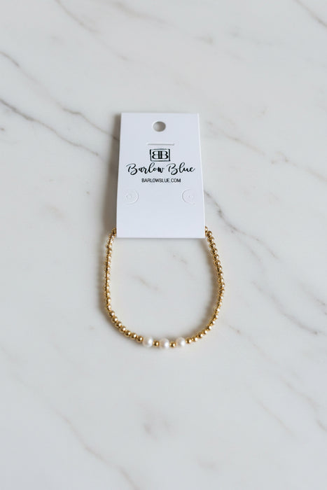Three Freshwater Pearls On Shiny Beaded Bracelet