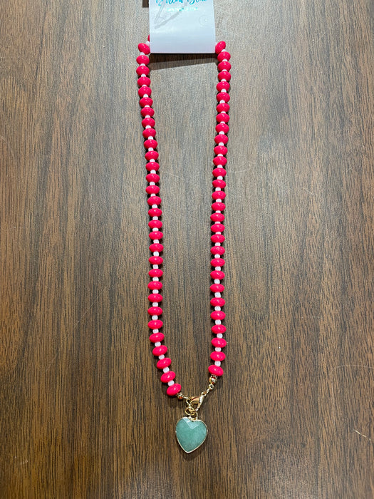 Hot Pink Beaded Necklace with Turquoise Heart Charm